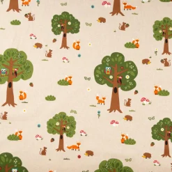 Dekostoff Kinderstoff Halbpanama Leinenlook Fox Forest Füchse Bäume natur bunt 1,40m Breite