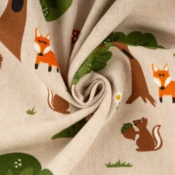Dekostoff Kinderstoff Halbpanama Leinenlook Fox Forest Füchse Bäume natur bunt 1,40m Breite