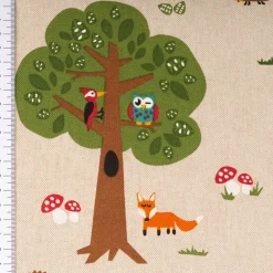 Dekostoff Kinderstoff Halbpanama Leinenlook Fox Forest Füchse Bäume natur bunt 1,40m Breite