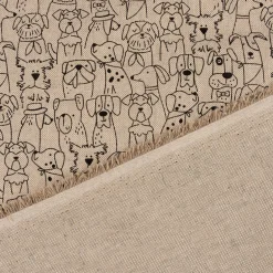 Dekostoff Kinderstoff Halbpanama Leinenlook Dog Cartoon Line Hunde natur schwarz 1,40m Breite