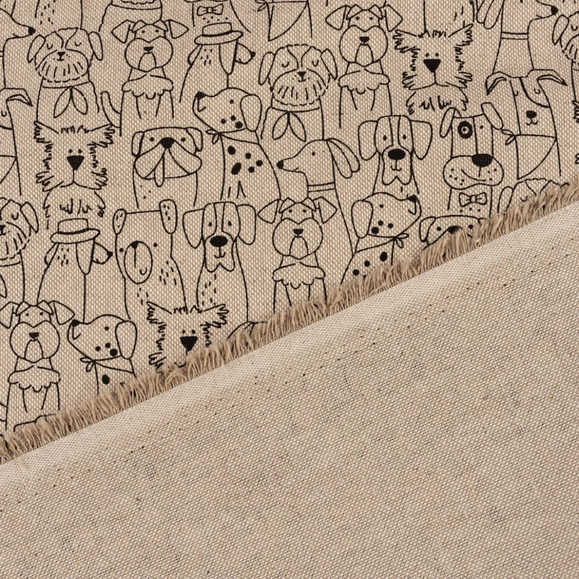 Dekostoff Kinderstoff Halbpanama Leinenlook Dog Cartoon Line Hunde natur schwarz 1,40m Breite