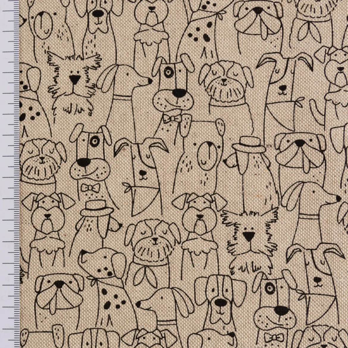 Dekostoff Kinderstoff Halbpanama Leinenlook Dog Cartoon Line Hunde natur schwarz 1,40m Breite