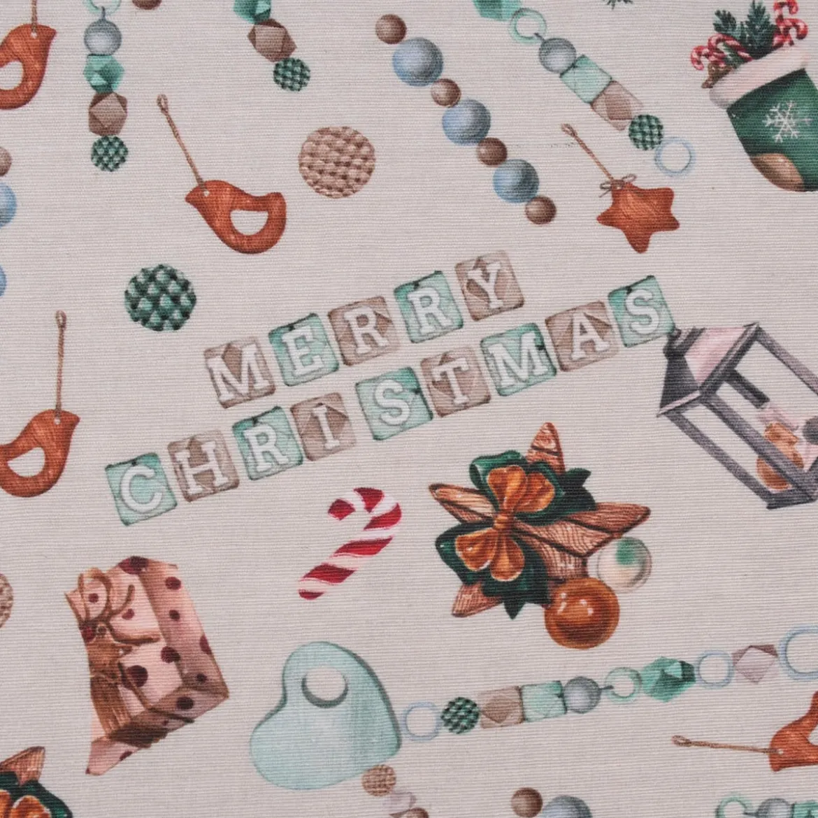 Dekostoff Kryst Merry Christmas Perlenschnur natur mint 1,40m Breite