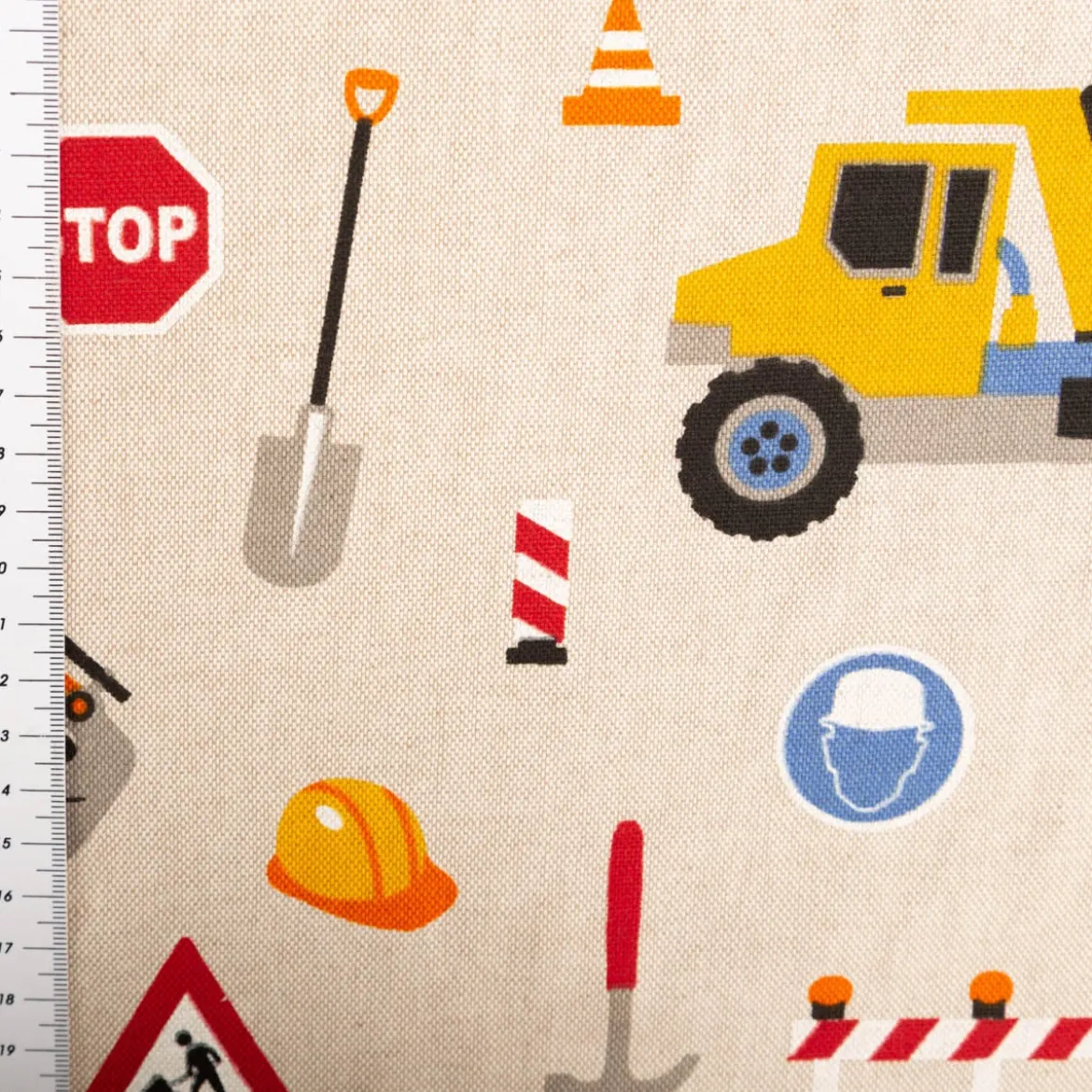 Dekostoff Leinenlook Construction Baustelle natur bunt 140 cm breit