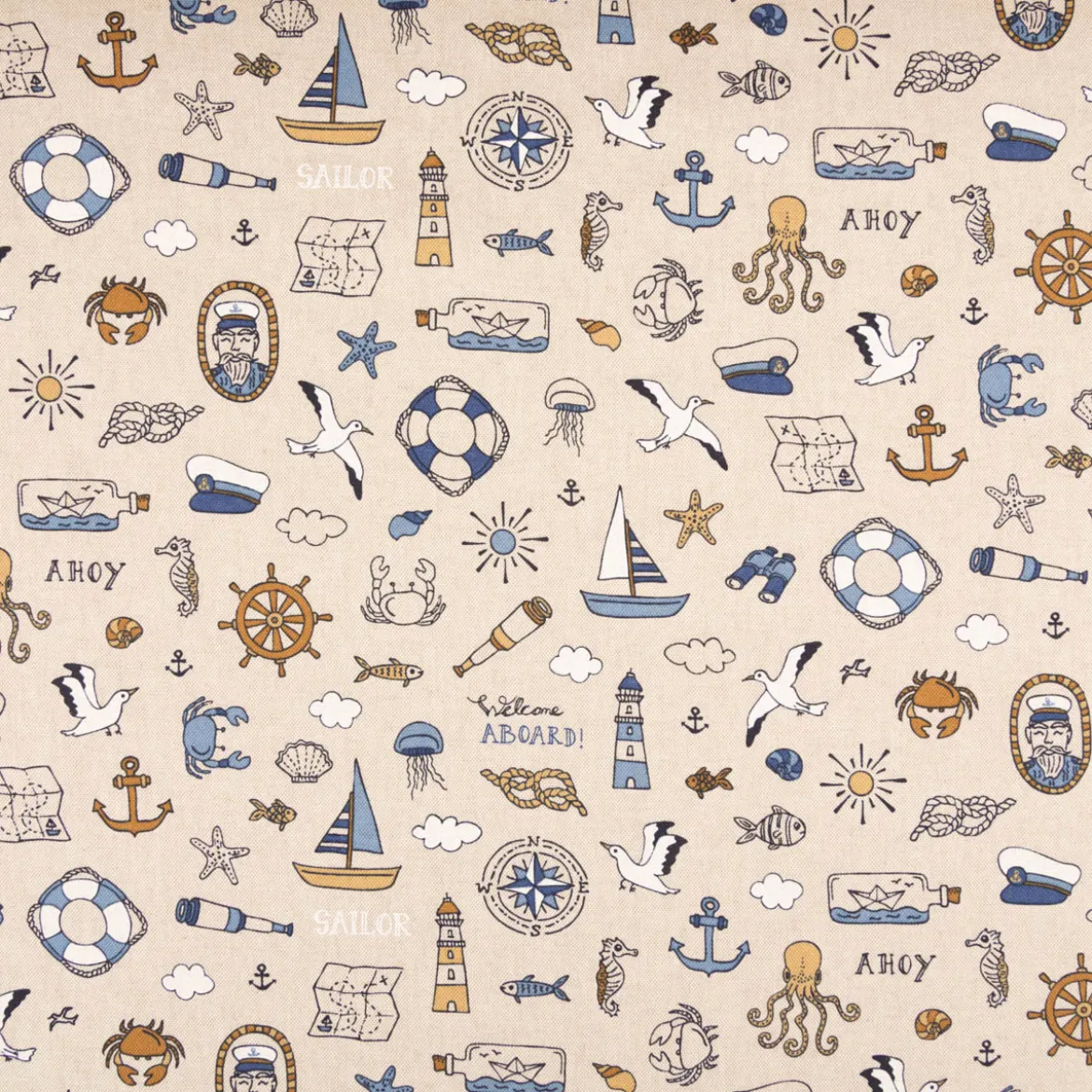 Dekostoff Leinenlook Nautical Doodle natur blau 1,4m Breite