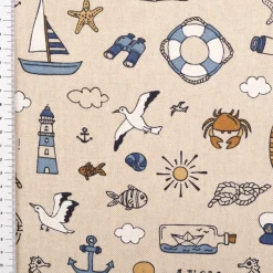 Dekostoff Leinenlook Nautical Doodle natur blau 1,4m Breite