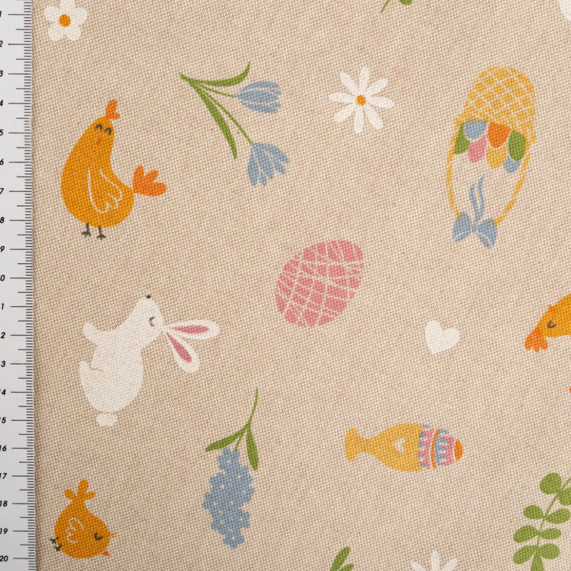 Dekostoff Leinenlook Ostern Easter Doodle Icon natur bunt 1,4m Breite