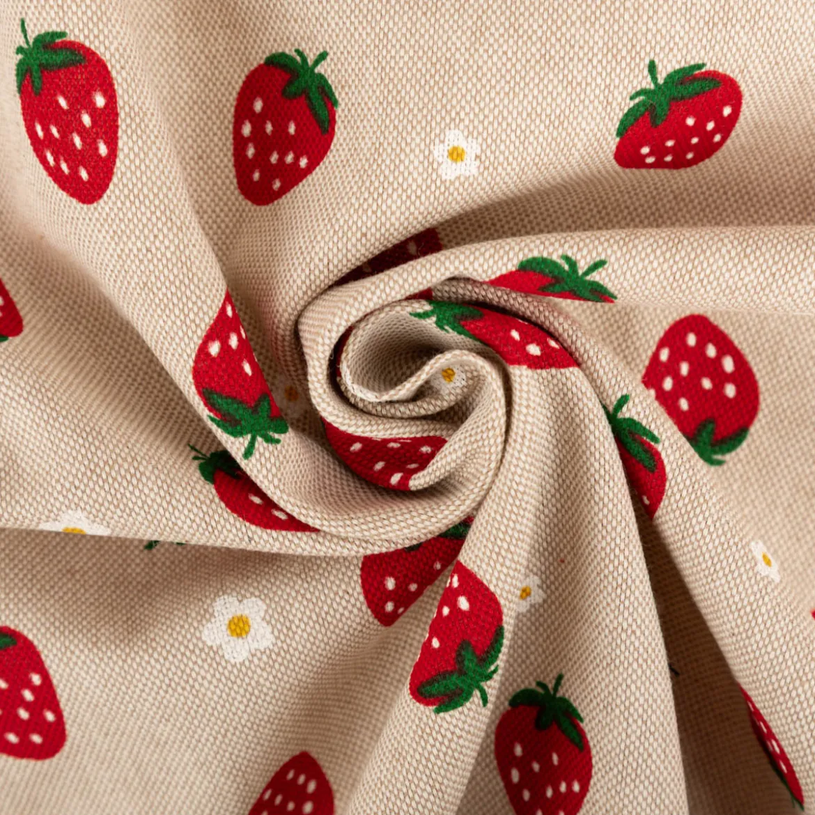 Dekostoff Leinenlook Strawberries Erdbeeren Blumen natur rot 140 cm breit