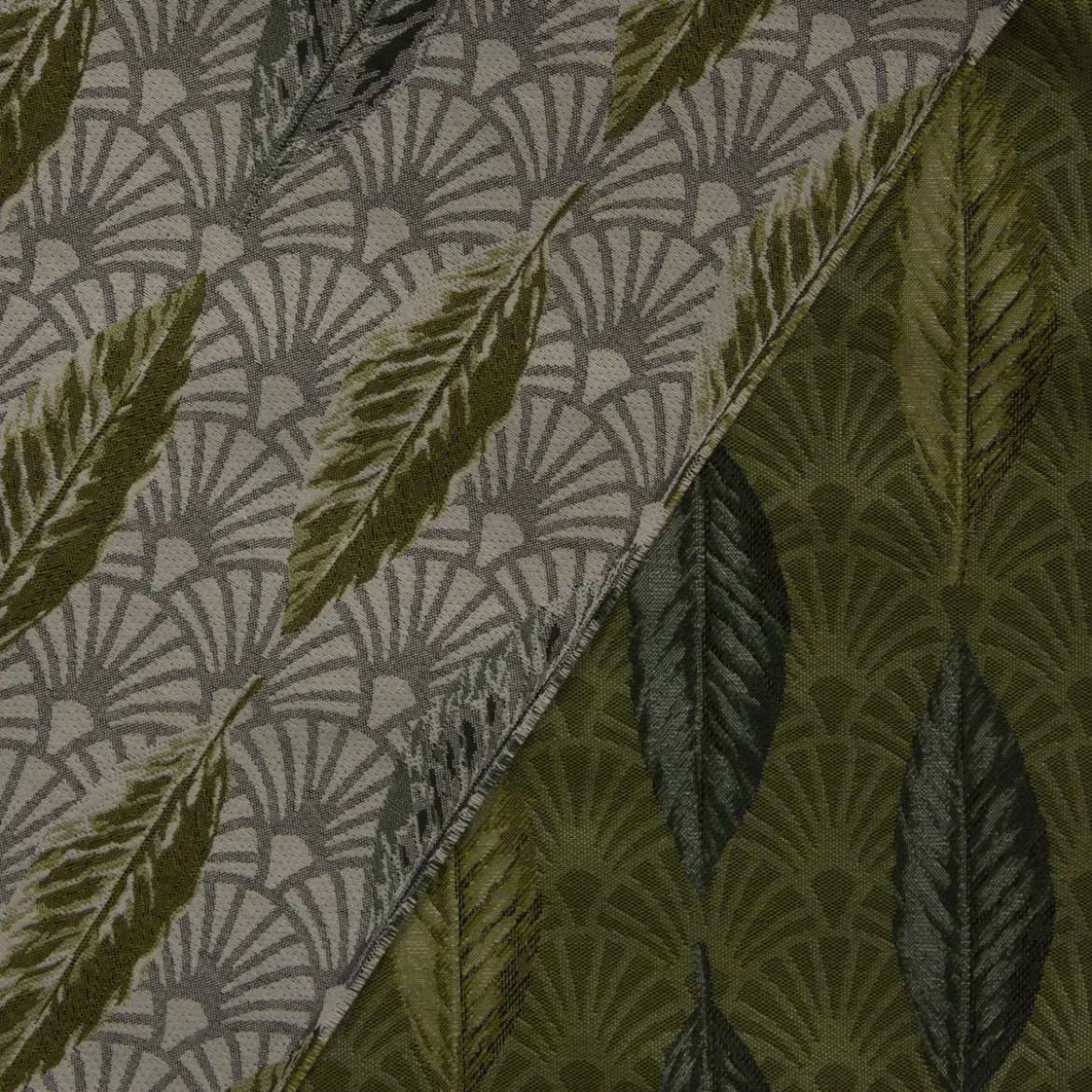 Dekostoff Premium Jacquard Doubleface Art Déco Blätter Fächer grün creme 1,4m Breite