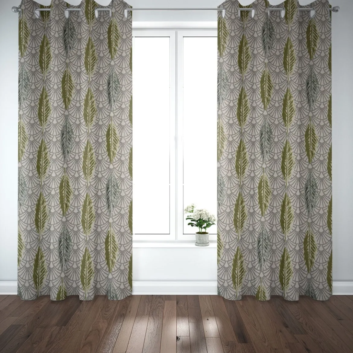 Dekostoff Premium Jacquard Doubleface Art Déco Blätter Fächer grün creme 1,4m Breite