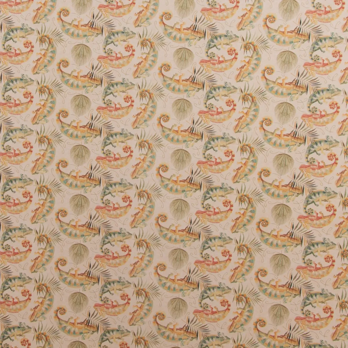 Dekostoff Vorhangstoff Baumwollstoff Chamäleon Leguan Blätter beige 1,40m Breite