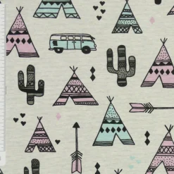 Dekostoff Zelt Kaktus Camper creme mint rosa grau 138cm