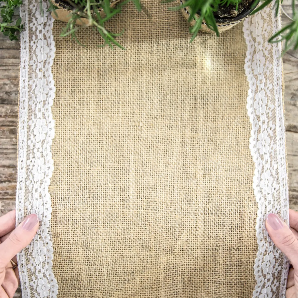 Deko Tischband Jute Sackleinen mit Spitzenborte natur weiß 0,28x2,75m