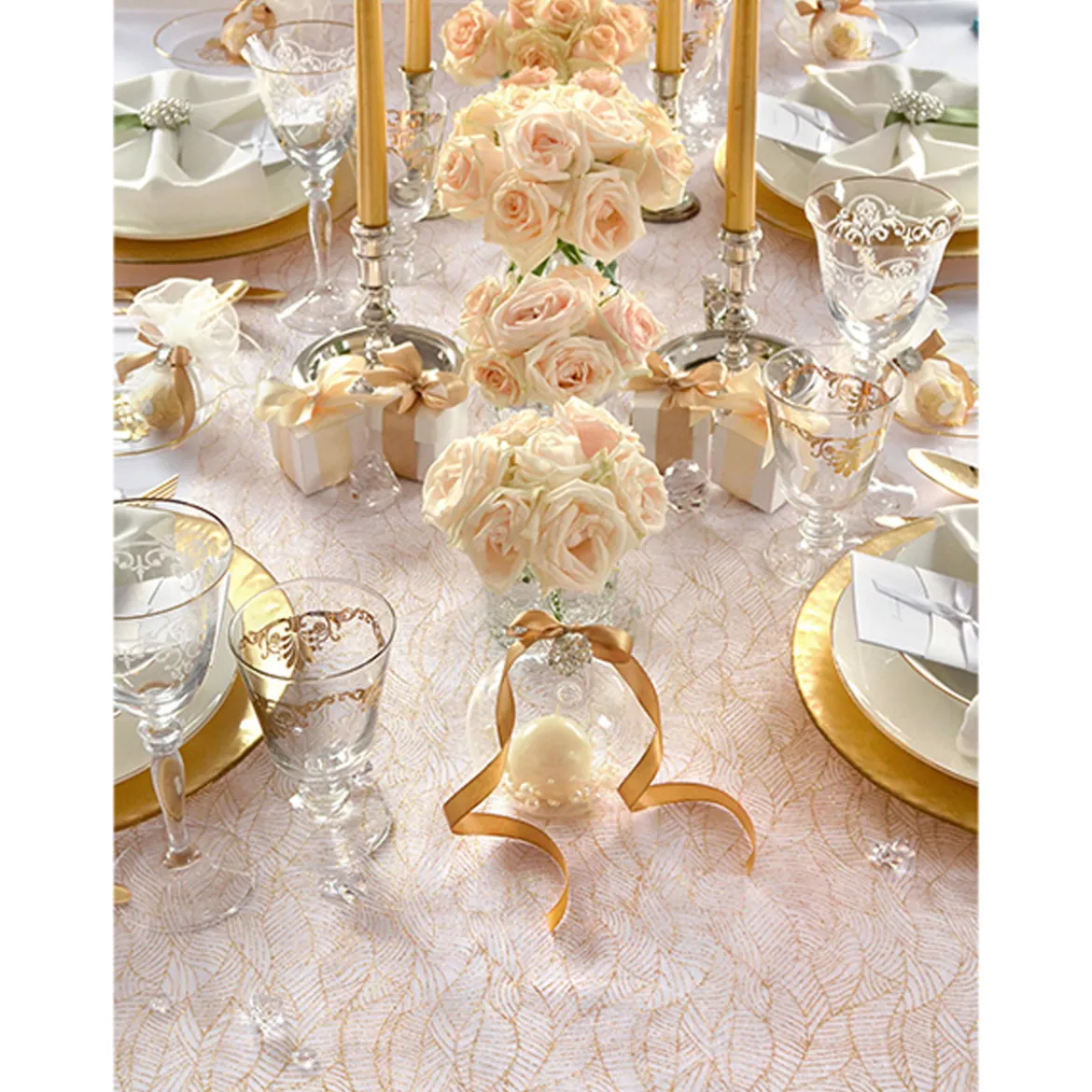 Deko Tischband Organza bedruckt Blätter weiß gold 0,48x9m