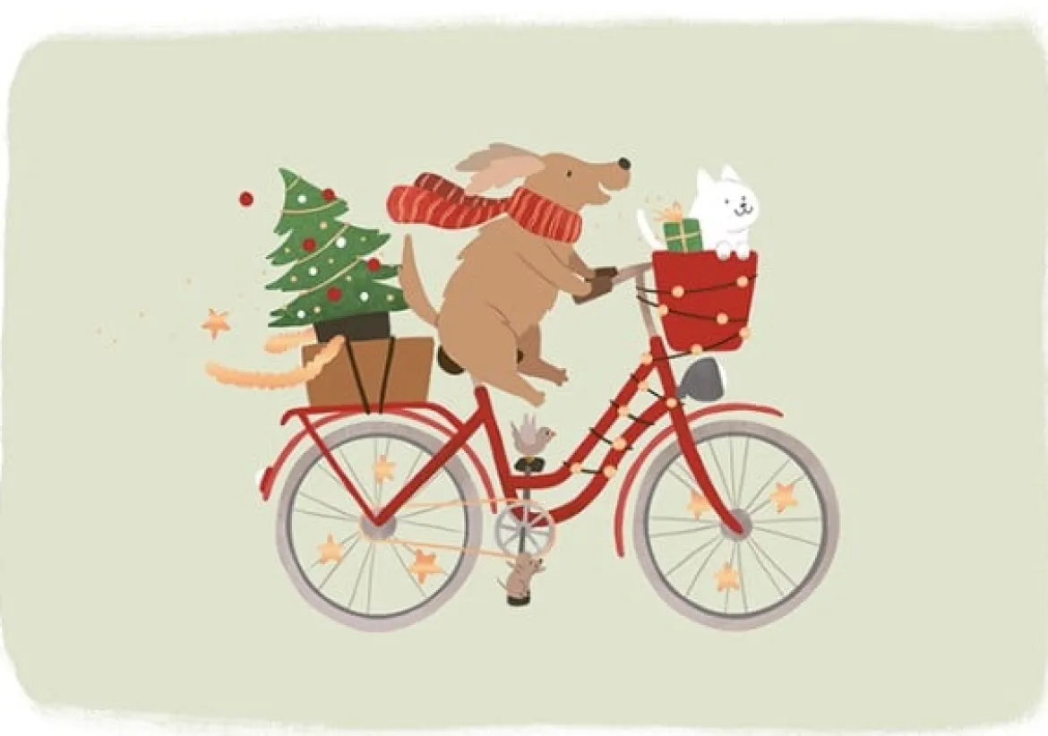 Doppelkarte Weihnachten Hund mit Fahrrad mit Goldveredelung 12x17cm von Grafik Werkstatt