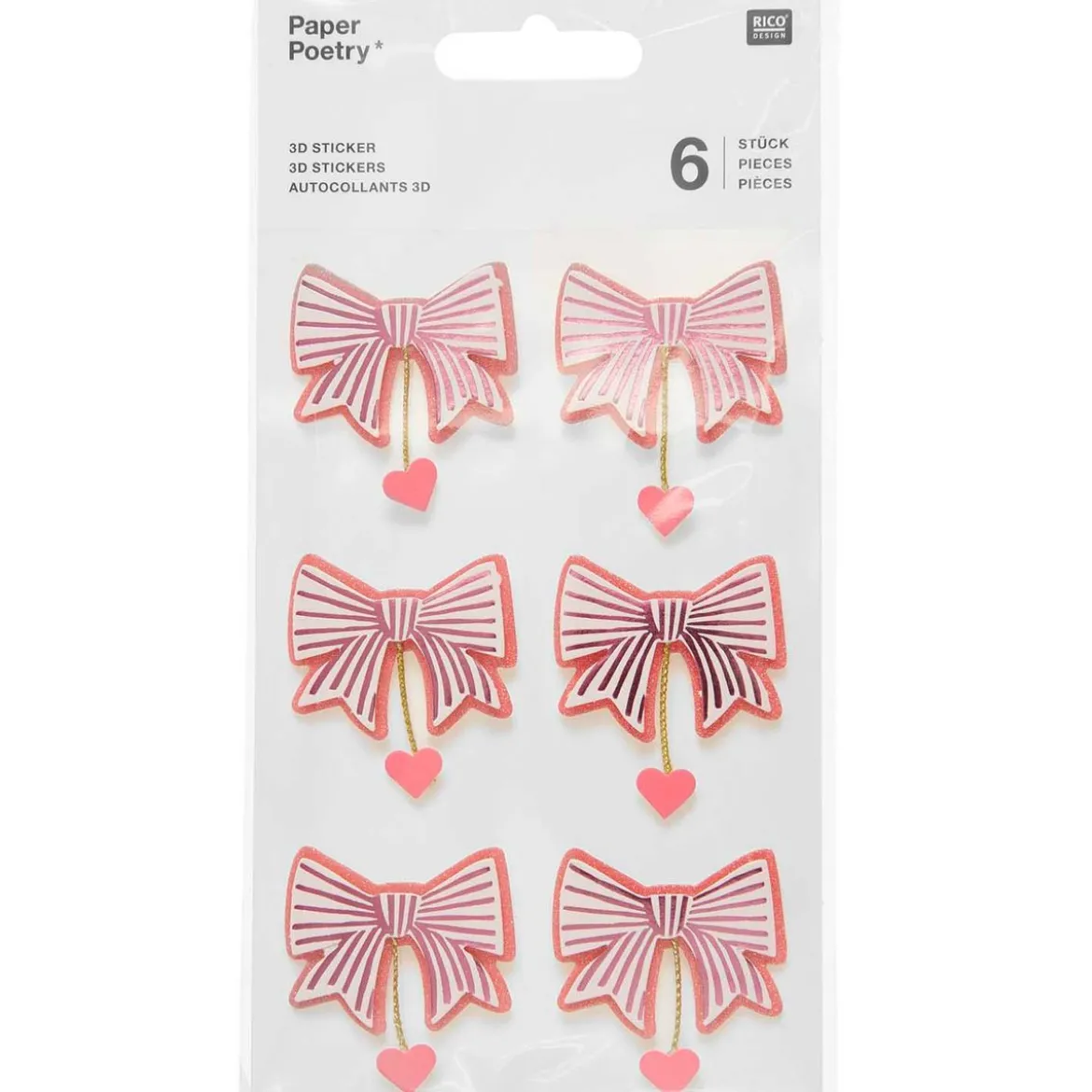 3D Sticker Schleifen mit Herzchen in Rosa 6Stk von Rico Design