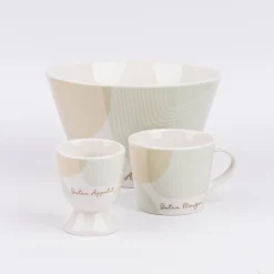 Eierbecher aus Porzellan Guten Appetit grafisch pastell weiß mint beige gold 5x6cm von der Schreibkram Manufaktur