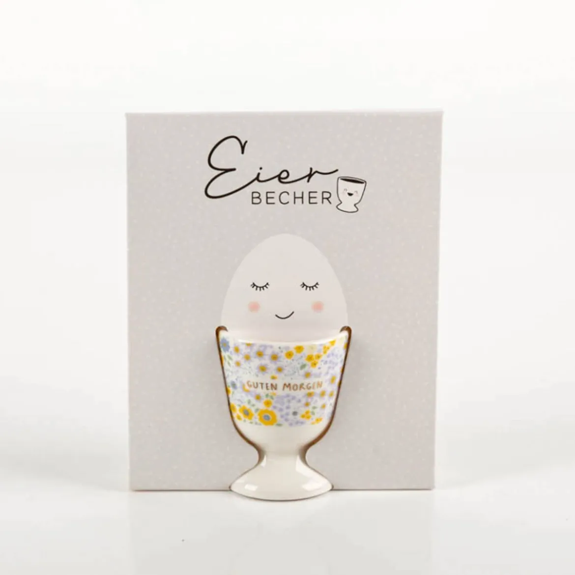 Eierbecher "Guten Morgen" Blümchen gelb lila Porzellan 5x6cm von Grafik Werkstatt