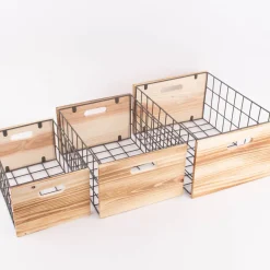 3er Set Aufbewahrungsbox Holzkiste Gitter Holz natur grau verschiedene Größen