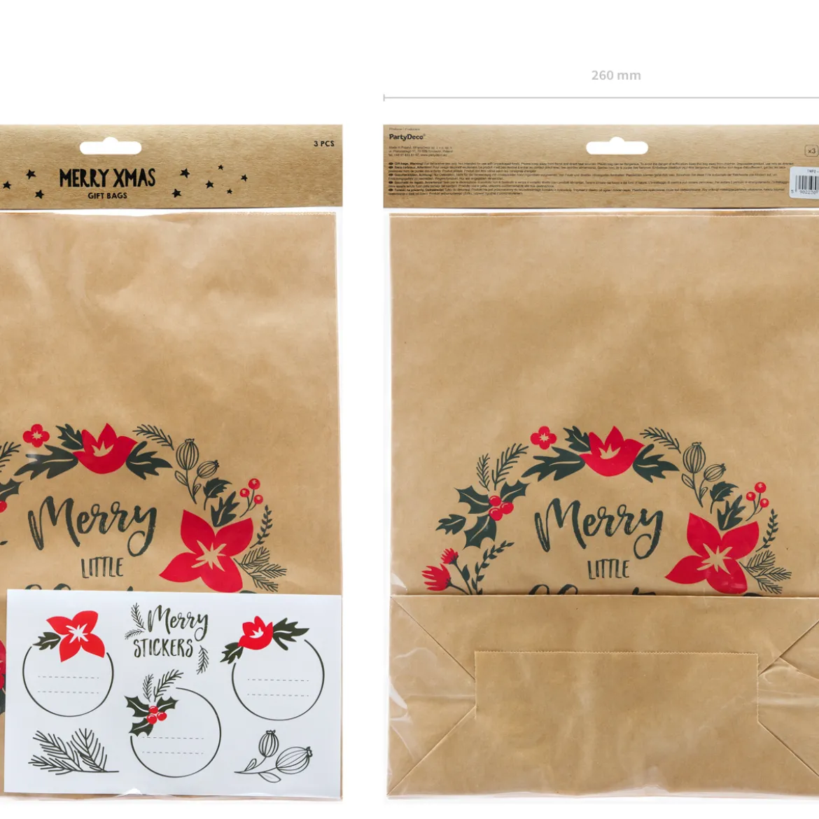 3er Set Geschenktüte Papier Merry Little Christmas 25x11x27cm inkl. Sticker