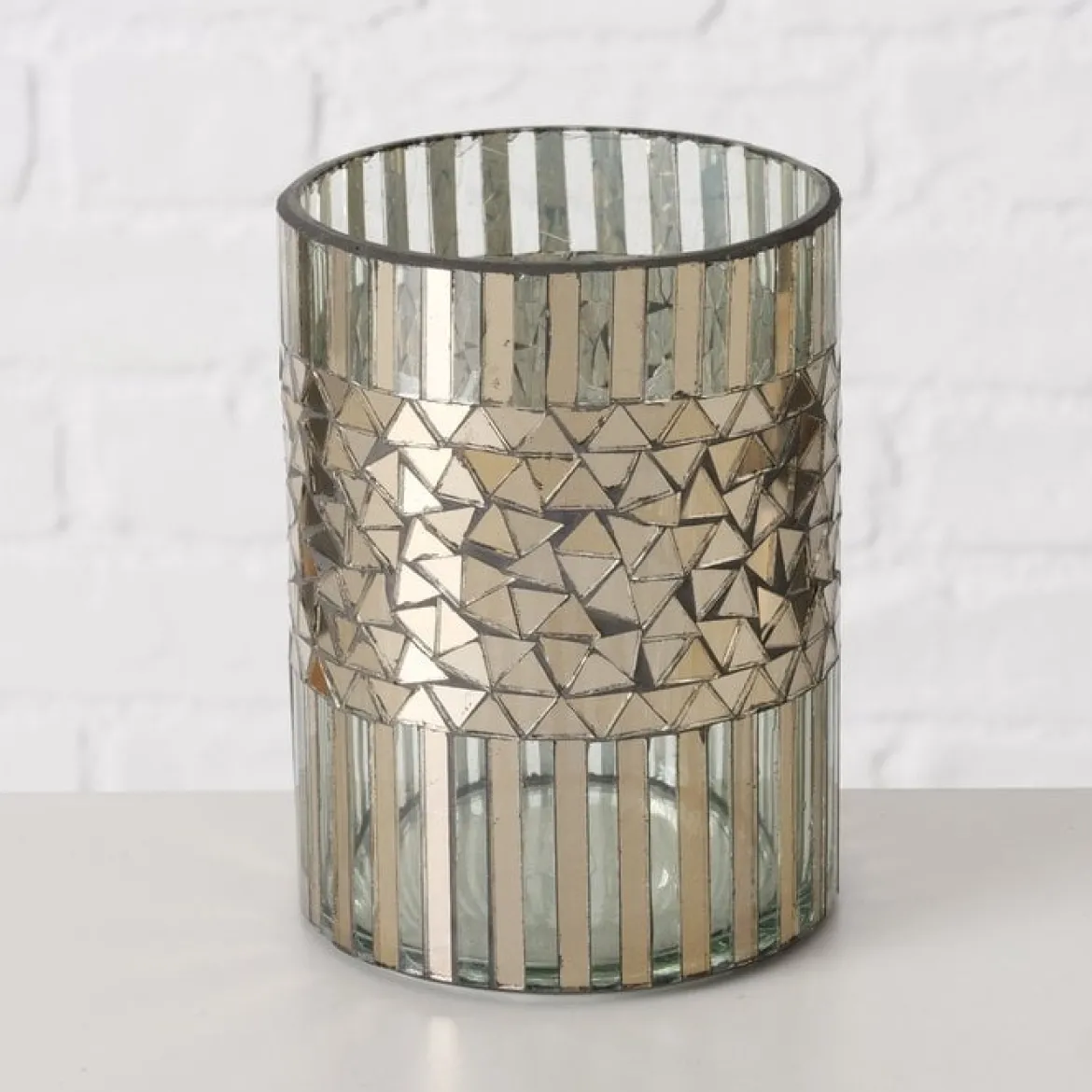 2er Set Windlicht aus Glas Mosaik silber 13,5 und 20cm hoch