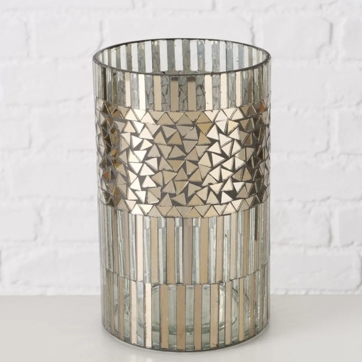 2er Set Windlicht aus Glas Mosaik silber 13,5 und 20cm hoch