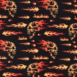 Faschingsstoff Polyester Totenköpfe Flammen schwarz orange 1,5m Breite