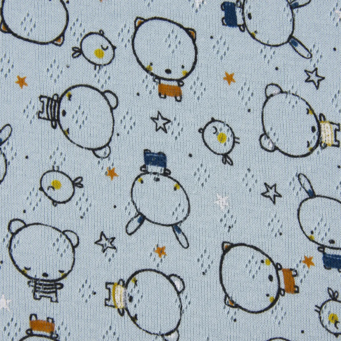 Feinstrick Jersey Baumwolle Pointoille Lochmuster Bär Hase Vogel blau bunt 1,4m Breite