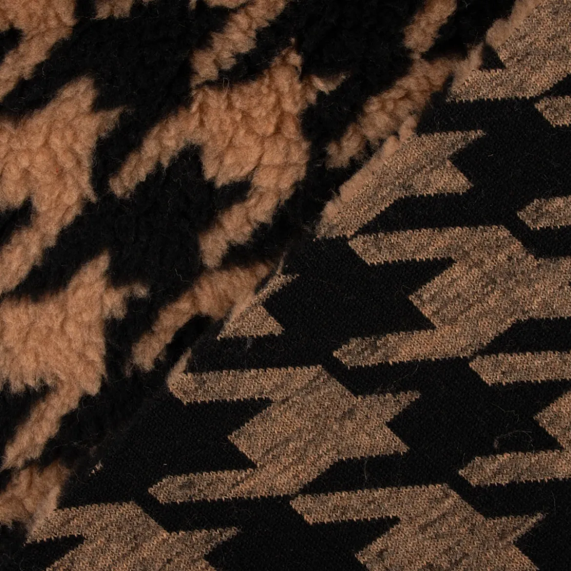 Fellimitat Kunstfell Teddyplüsch Hahnentritt camel schwarz 1,5m Breite