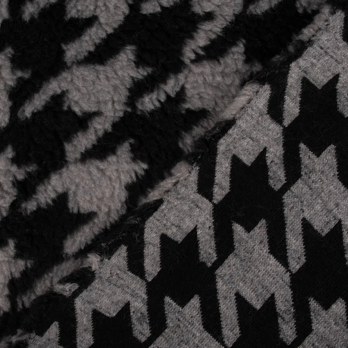 Fellimitat Kunstfell Teddyplüsch Hahnentritt grau schwarz 1,5m Breite