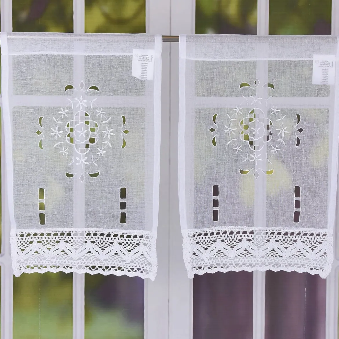 Fensterbehang Scheibengardine Fertiggardine 2er Pack Leinenstruktur Makramee weiß 30x45cm