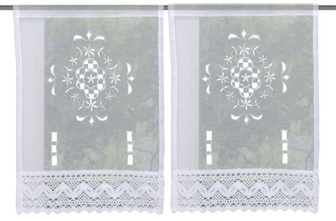 Fensterbehang Scheibengardine Fertiggardine 2er Pack Leinenstruktur Makramee weiß 30x45cm