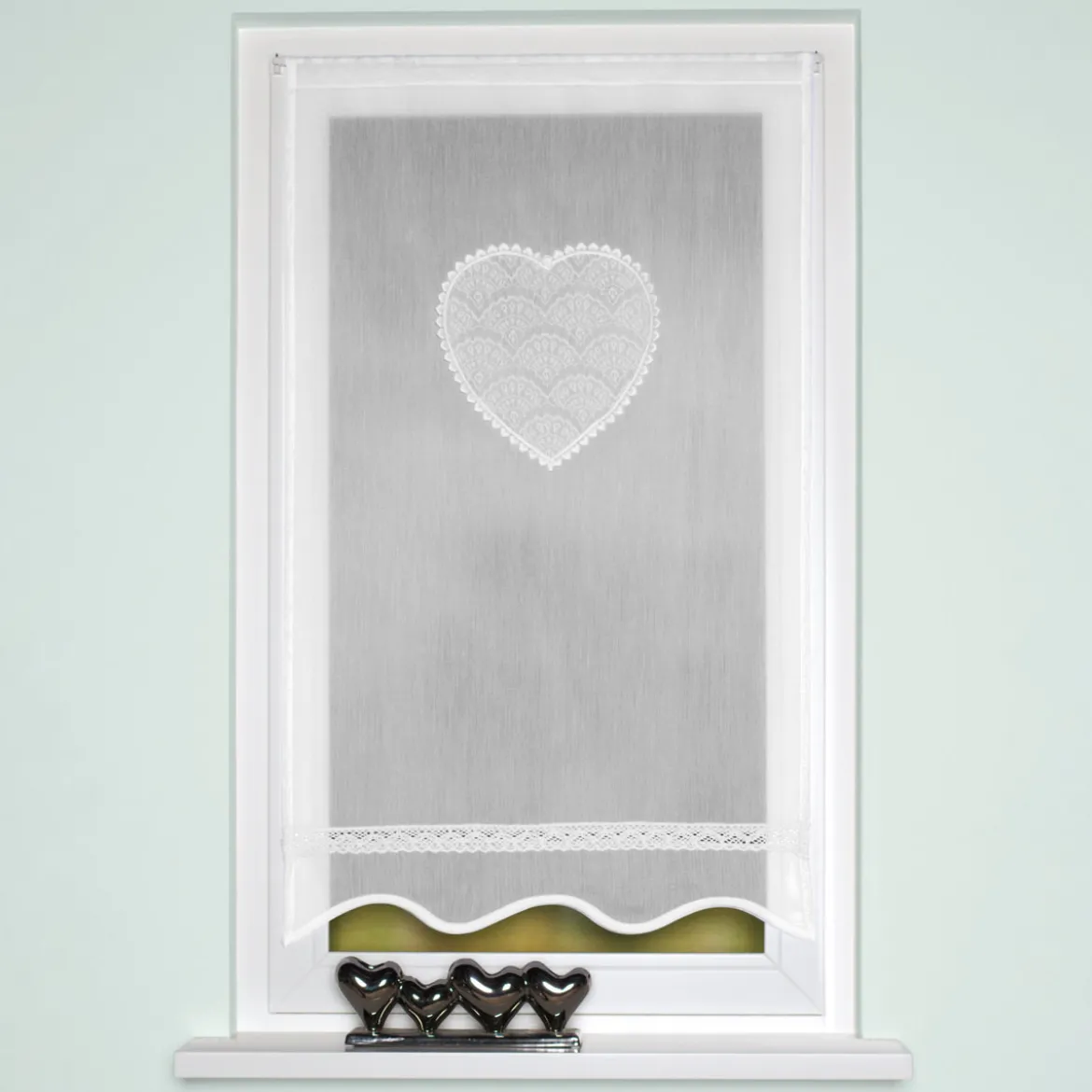 Fensterbehang Türbehang Batistoptik Applikation Herz mit Häkelborte 180x60cm