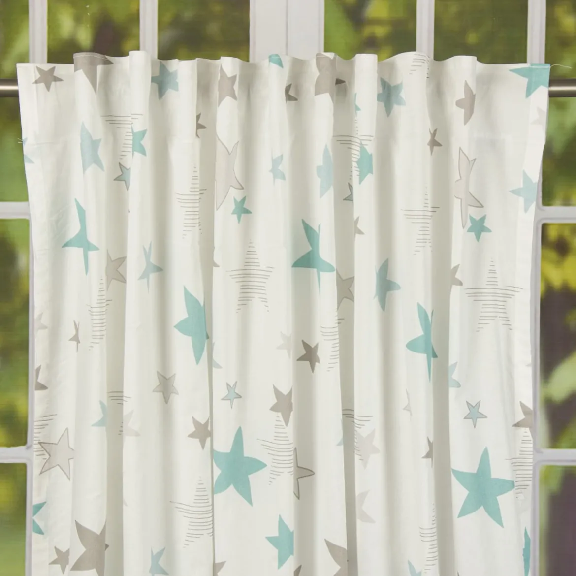 Fertiggardine Fertigschal Stars Sterne mit verdeckten Schlaufen weiß türkis grau 140x245cm