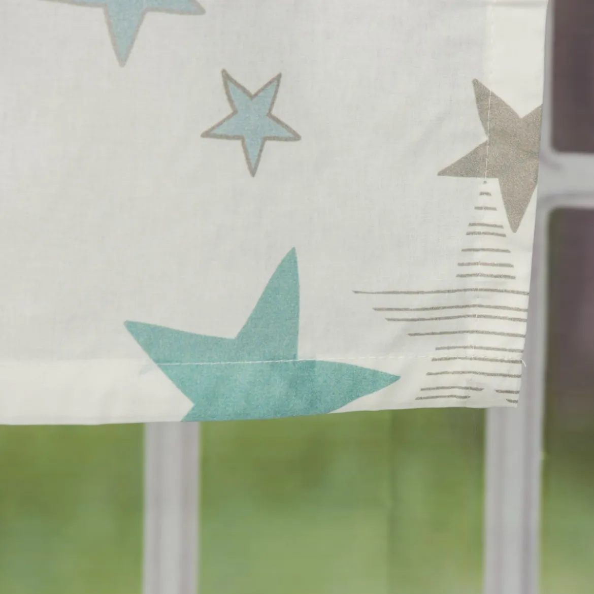 Fertiggardine Fertigschal Stars Sterne mit verdeckten Schlaufen weiß türkis grau 140x245cm