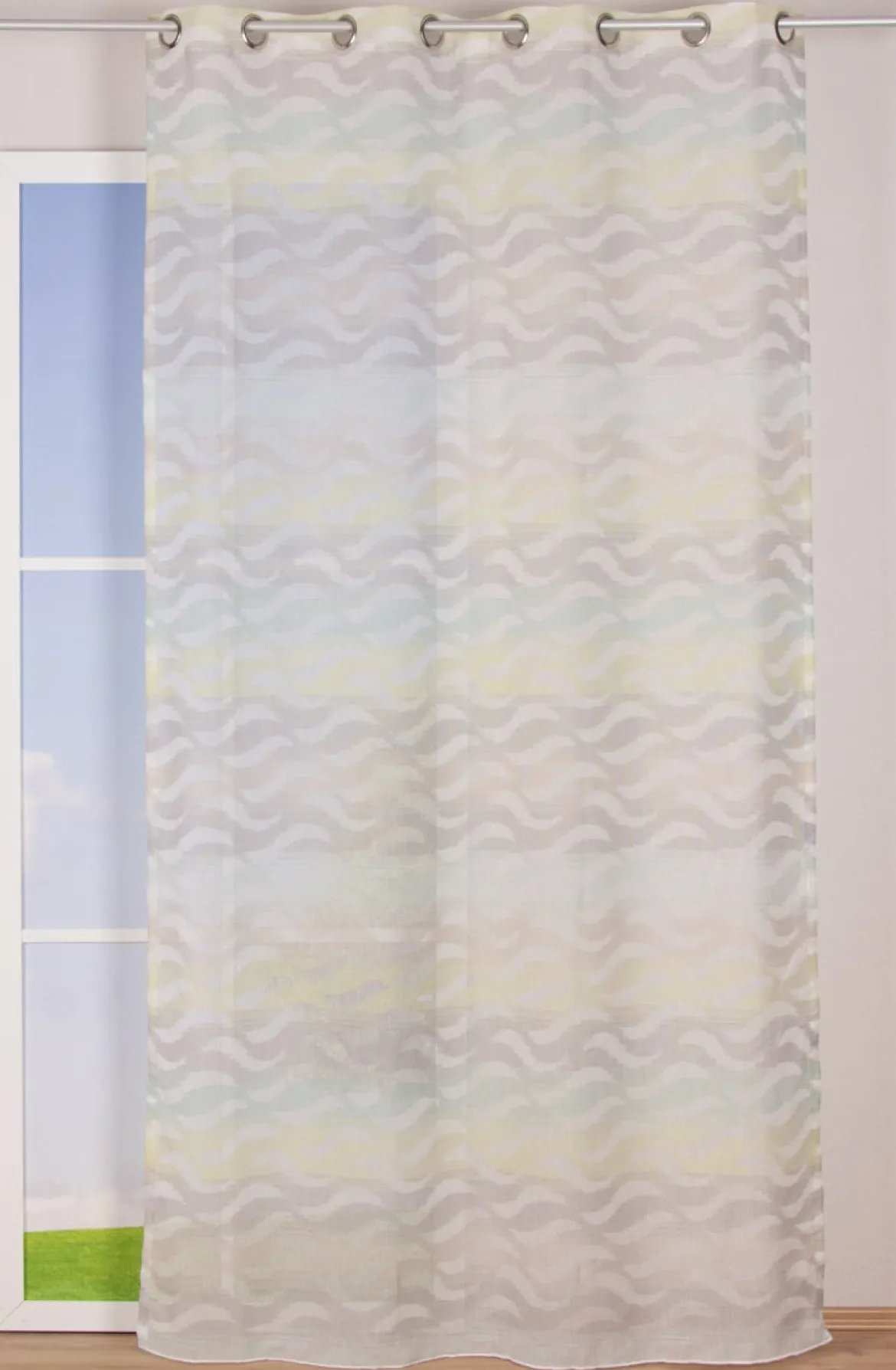 Fertiggardine Ösengardine Leinenoptik mit farbigem Wellenmuster weiß grün grau 140x245cm