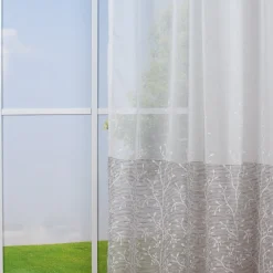 Fertigschal mit Schlaufenband Blumenranken Streifenabschluss weiß grau beige 140x245cm