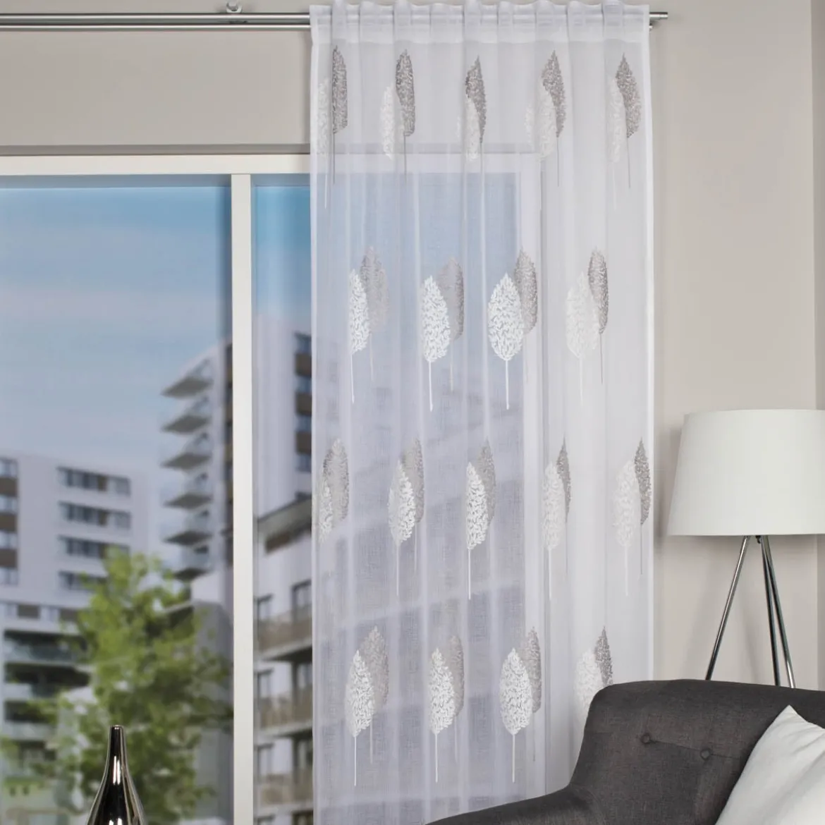 Fertigvorhang mit Kombiband Leinenoptik Stickerei Blätter ecru grau 140x245cm