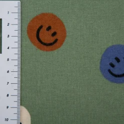 Flanellstoff aus Baumwolle Lachgesichter grün blau rot ecru 1,43m Breite