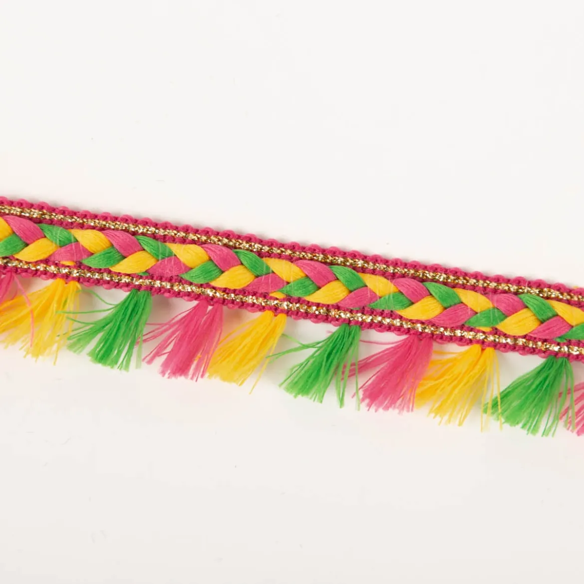 Flechtborte mit Quastenfransen pink gelb grün 2,8cm Breite