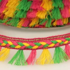 Flechtborte mit Quastenfransen pink gelb grün 2,8cm Breite