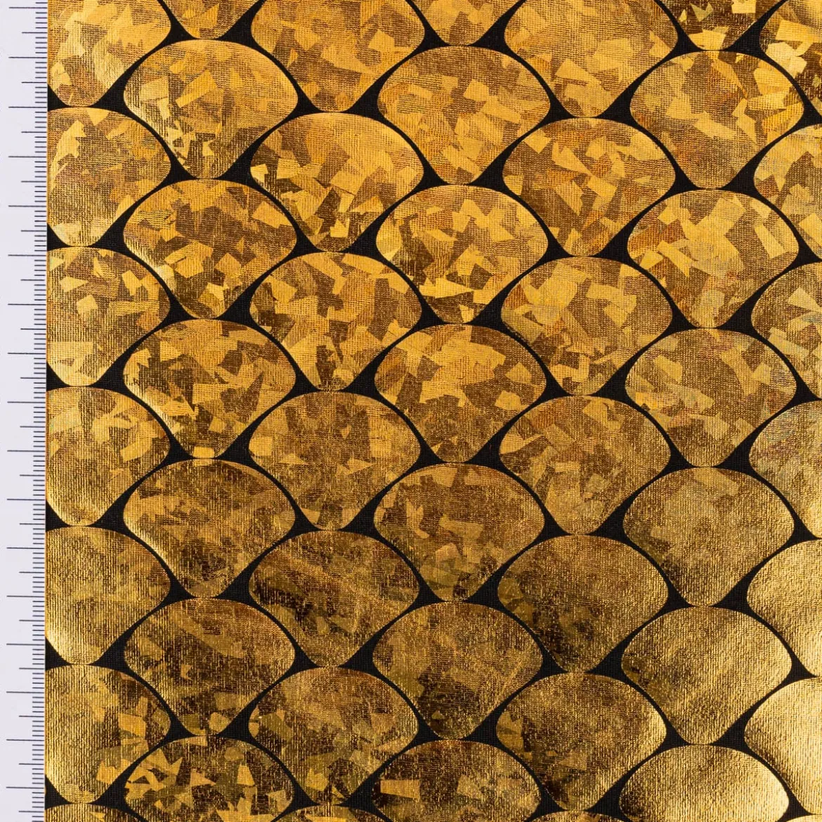 Folienjersey Stretch Glitzer Schuppen holografisch schwarz gold 1,5m Breite