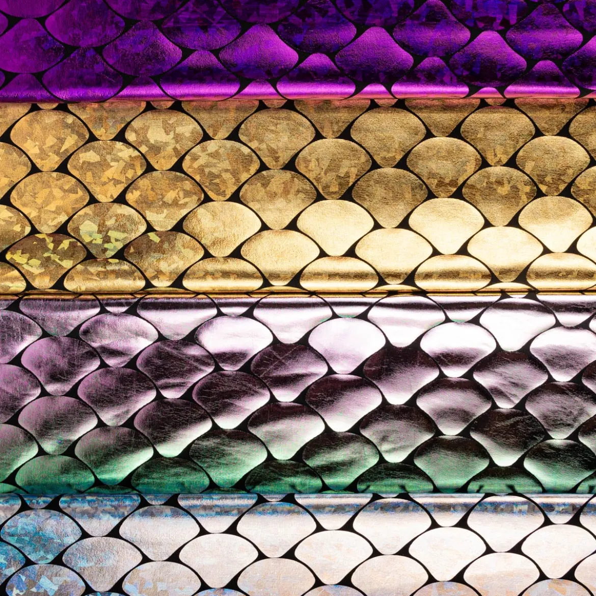 Folienjersey Stretch Glitzer Schuppen holografisch schwarz gold 1,5m Breite