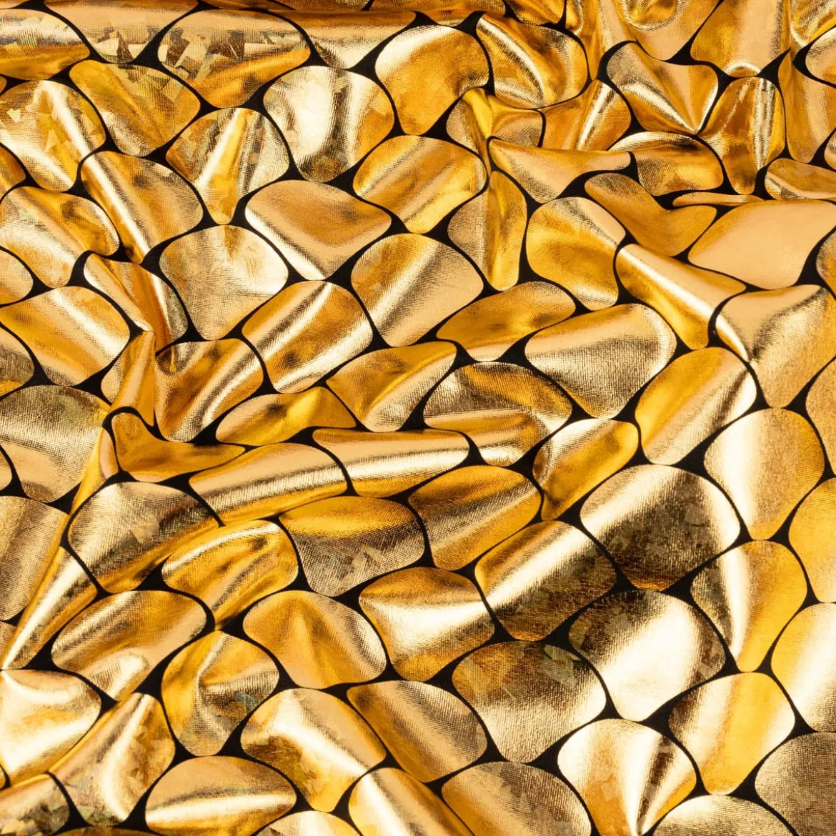 Folienjersey Stretch Glitzer Schuppen holografisch schwarz gold 1,5m Breite