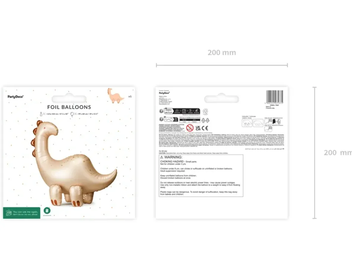 Folienluftballon Dino Brontosaurus stehend beige zum Aufblasen 91x85 cm