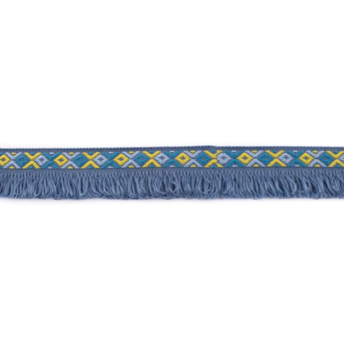 Fransenband Webband Ibiza Ethnoband Rauten Meterware jeansblau 2,6cm Breite