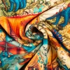 French Terry Digitaldruck Dinosaurier Weltkarte blau orange grün 1,5m Breite