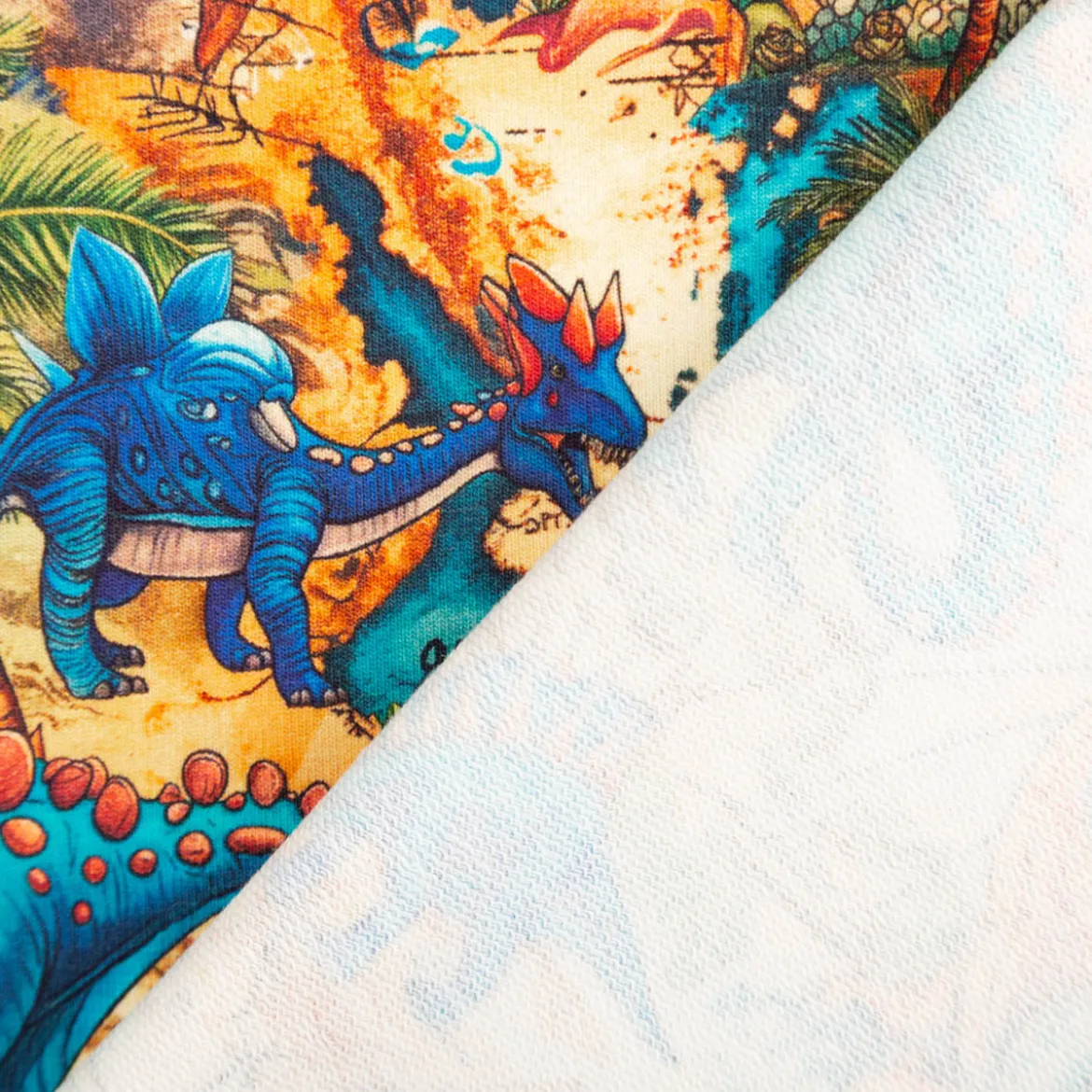 French Terry Digitaldruck Dinosaurier Weltkarte blau orange grün 1,5m Breite