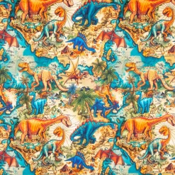 French Terry Digitaldruck Dinosaurier Weltkarte blau orange grün 1,5m Breite