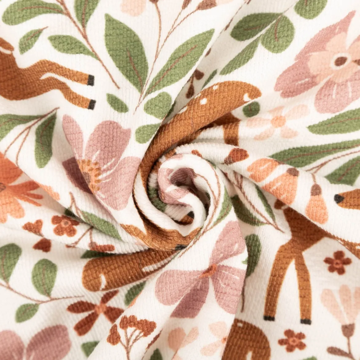 French Terry Krepp Stoff Baumwolle Rehe Blumen wollweiß bunt 155cm